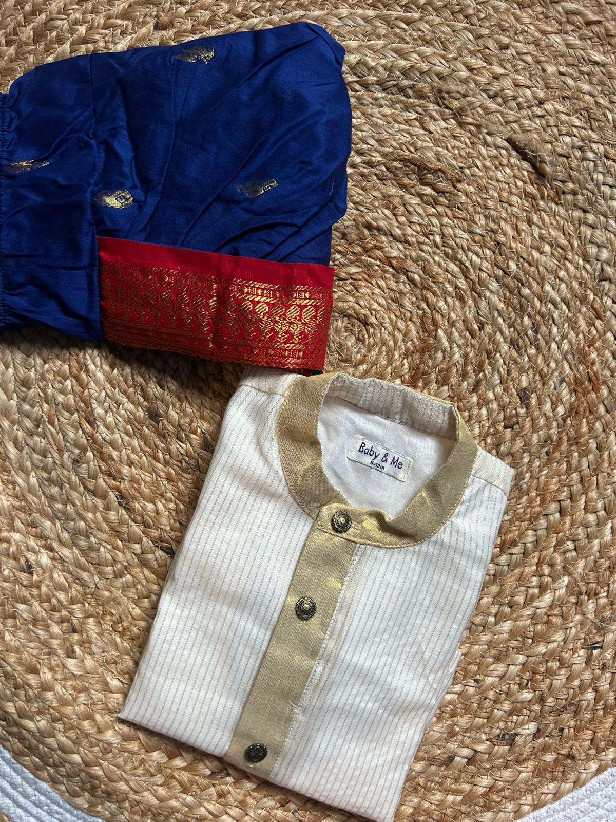 White with gold Kurta and royal blue with red Dhoti for baby boy