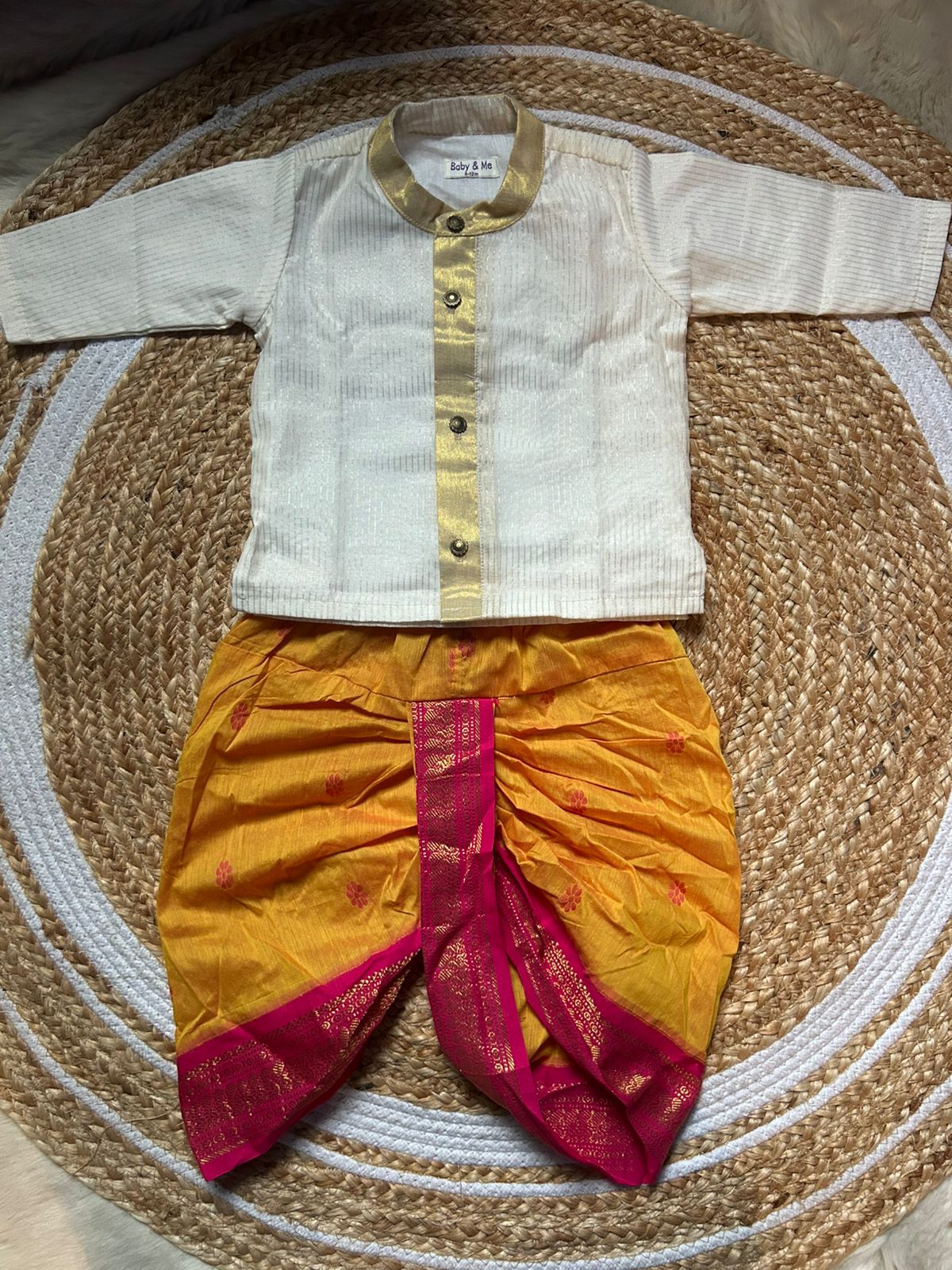 White with gold Kurta and mango yellow with pink Dhoti for baby boy
