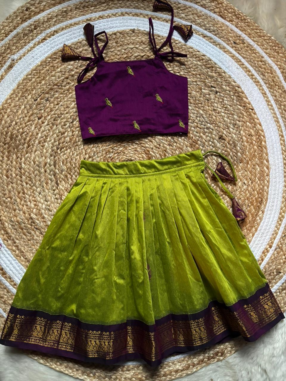 Green and Wine Kids Crop top with langa – Traditional Zari Border Cotton Dress for Baby Girl