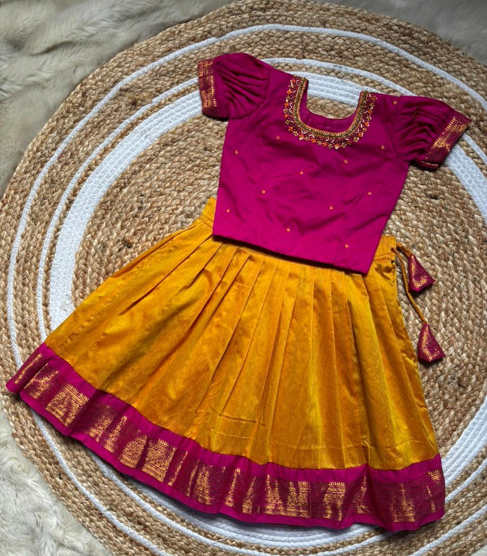 Yellow and Pink Embroided Langa Blouse – Traditional Zari Border Cotton Dress for Baby Girl