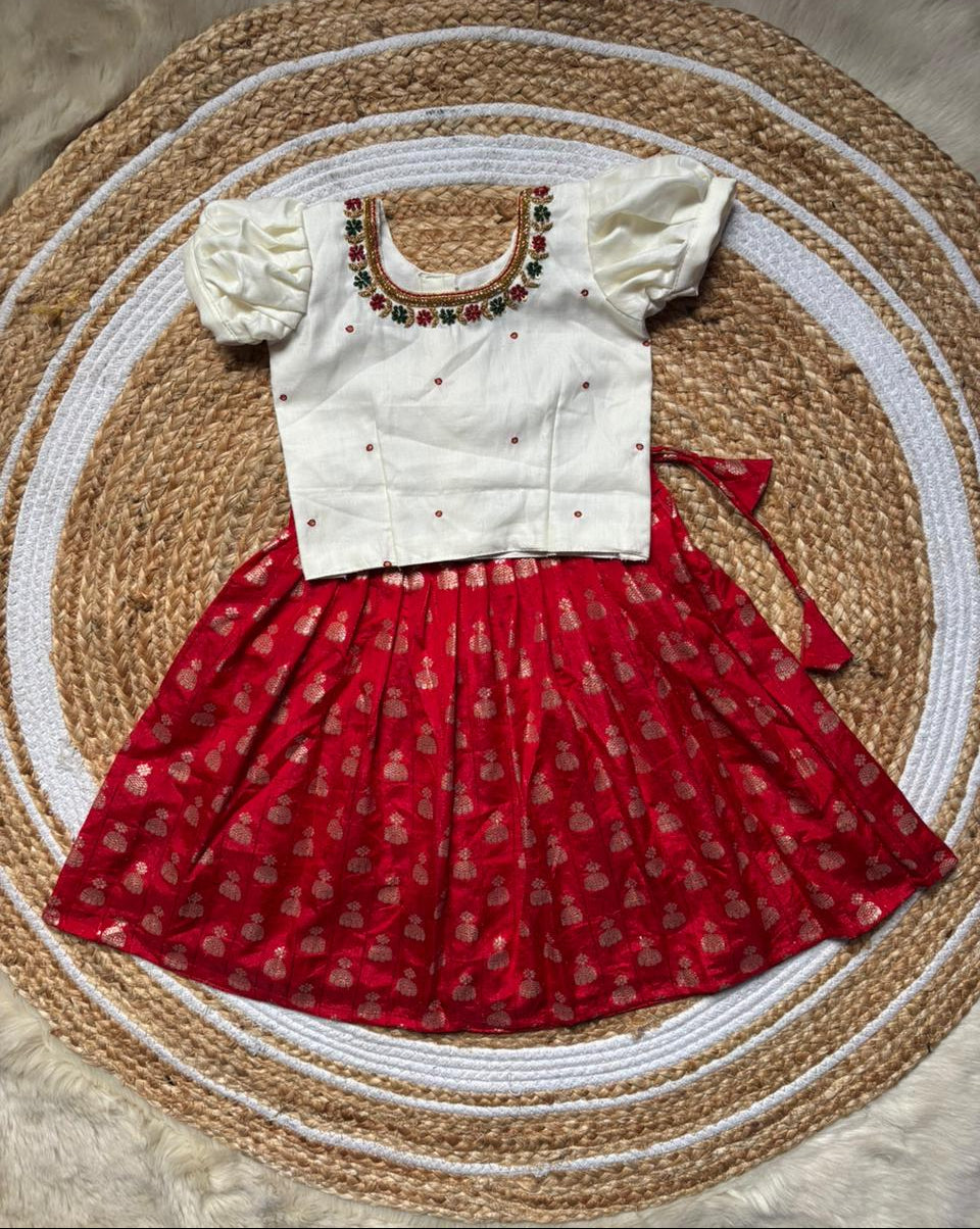 White embroided blouse and Red langa south indian ethnic wear