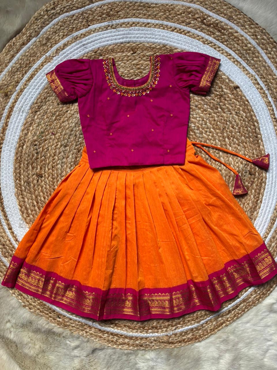 Orange and Pink Embroided Langa Blouse – Traditional Zari Border Cotton Dress for Baby Girl
