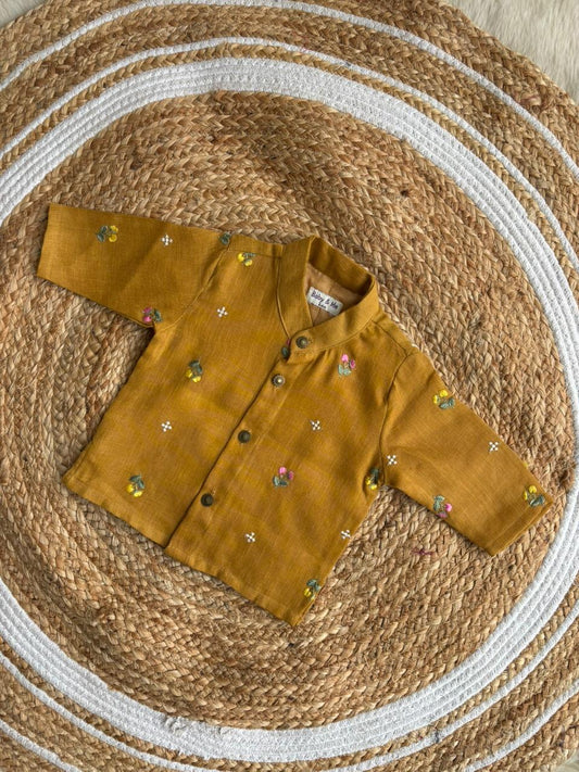 Mustard yellow linen Kurta for baby boy ethnic top wear