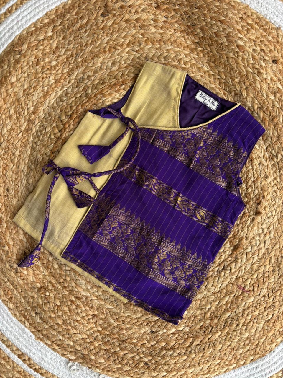 Purple checks with gold angrakha cotton silk kurta top baby boy ethnic wear