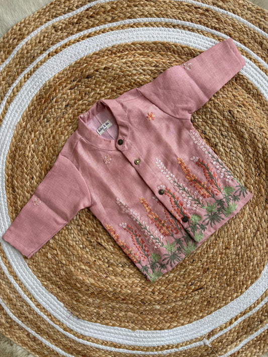 Pink flower linen Kurta for baby boy ethnic top wear