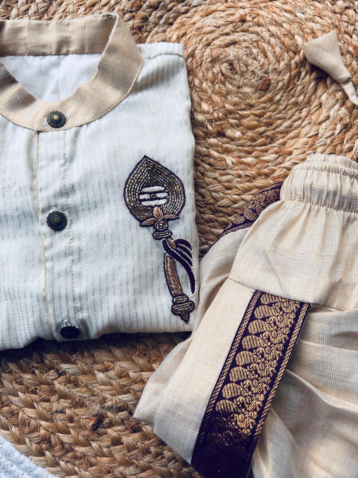 White and gold tirupathi embroidred Kurta and Reshme Beige and Wine Dhoti for baby boy