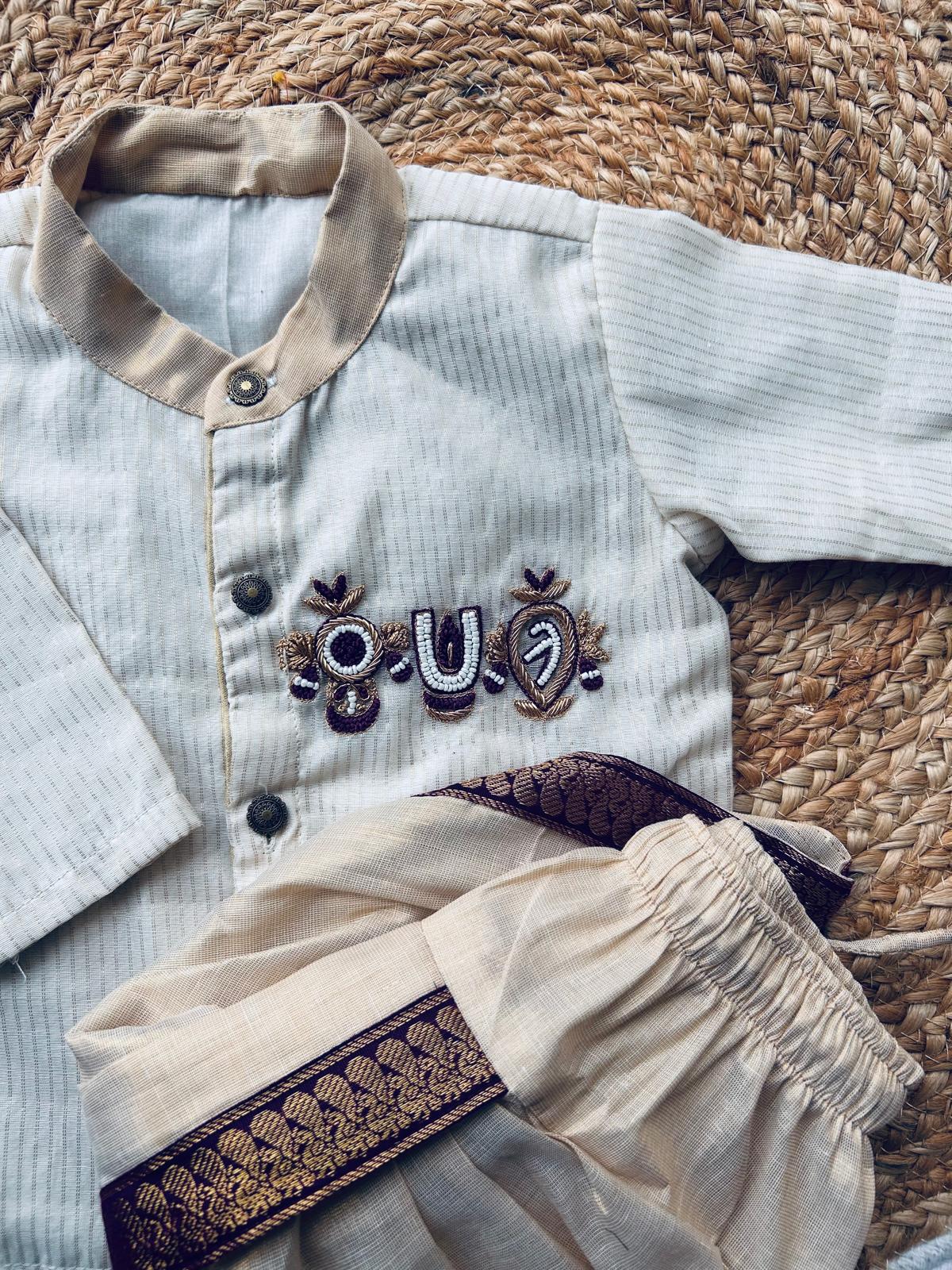 White and gold tirupathi embroidred Kurta and Reshme Beige and Wine Dhoti for baby boy