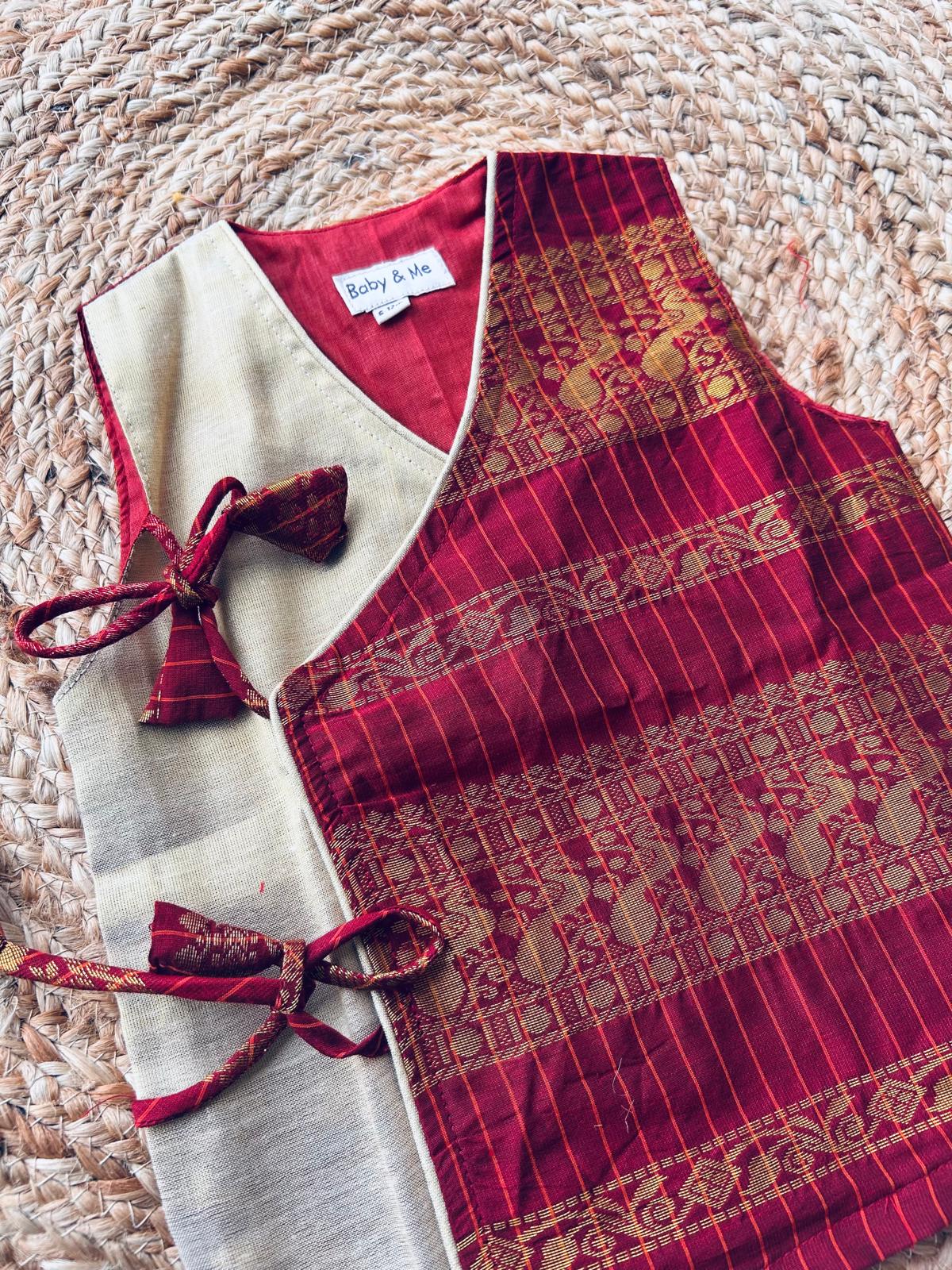 Maroon checks angrakha cotton silk kurta top baby boy ethnic wear
