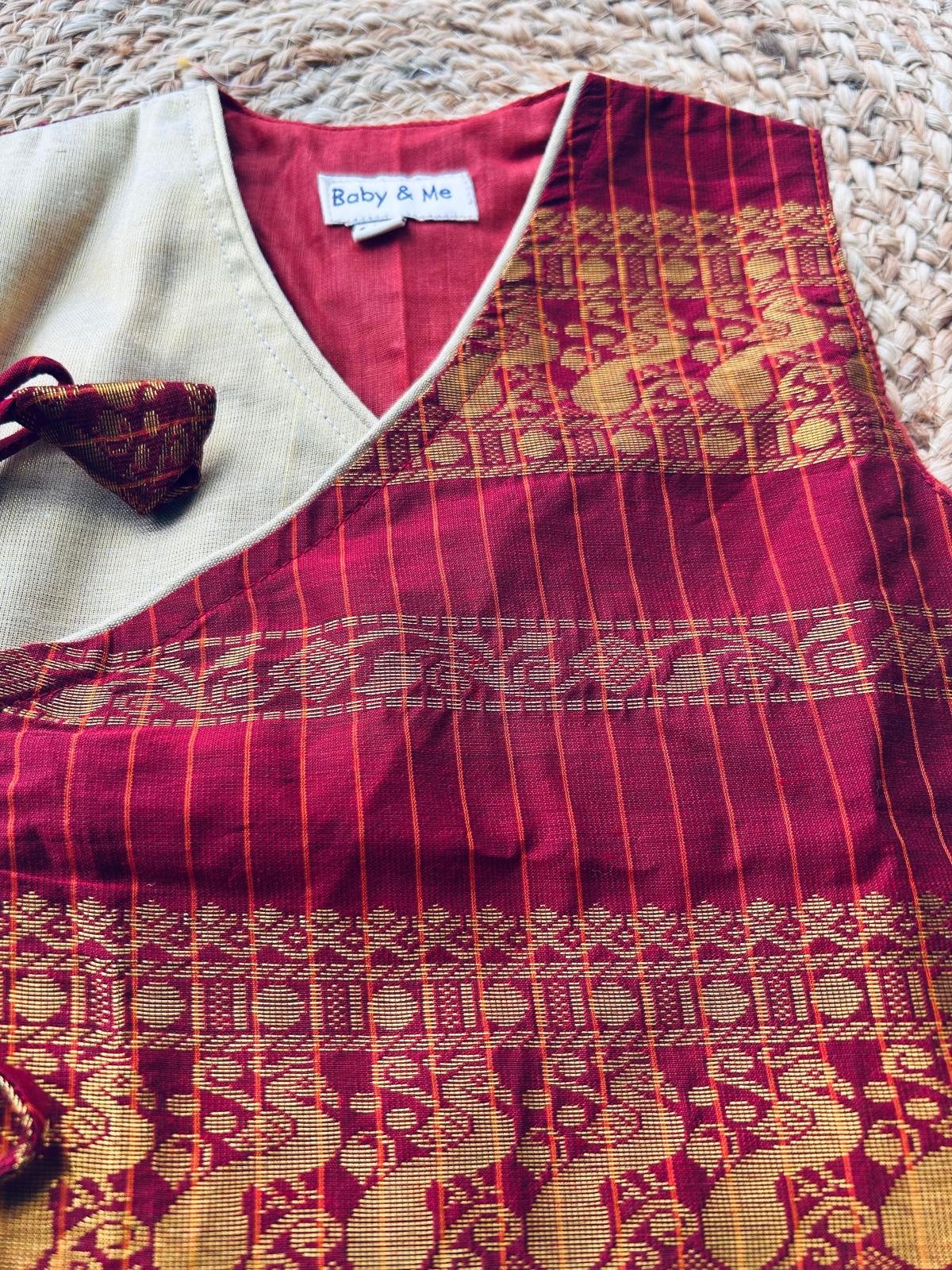 Maroon checks angrakha cotton silk kurta top baby boy ethnic wear