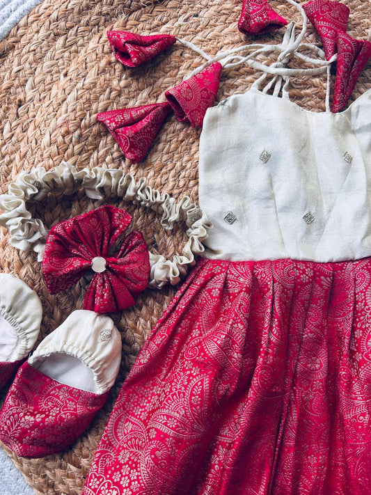 Pink with cream  Tie-Up Ethnic Wear Banarasi handloom - Traditional Dress for Baby Girl