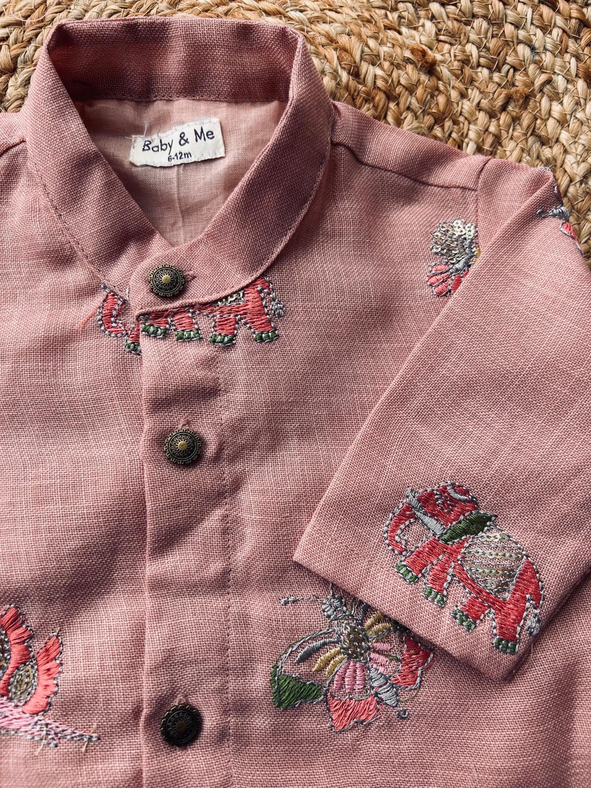 Pink and multi design linen Kurta for baby boy ethnic top wear