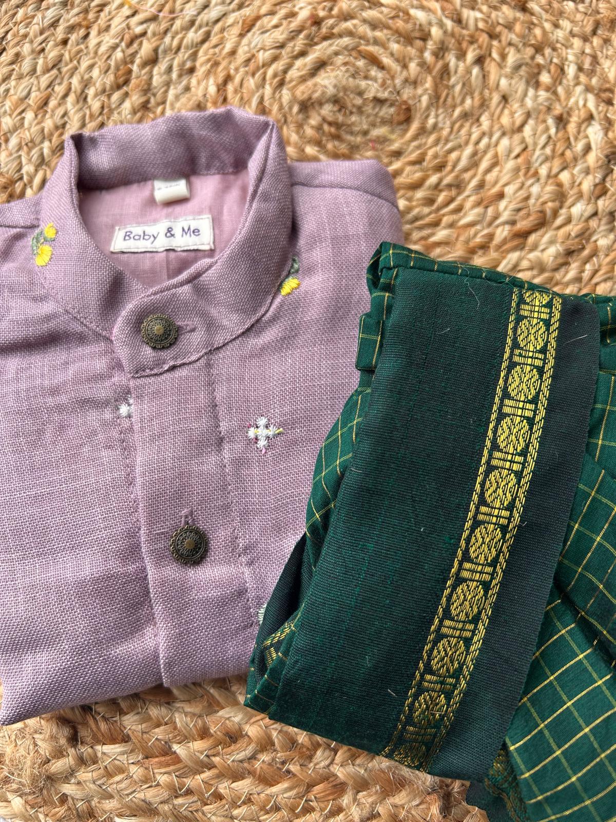 Pure Linen Lavender and Bottle green checks Kurta Dhoti for baby boy
