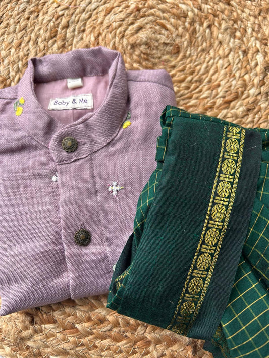 Pure Linen Lavender and Bottle green checks Kurta Dhoti for baby boy
