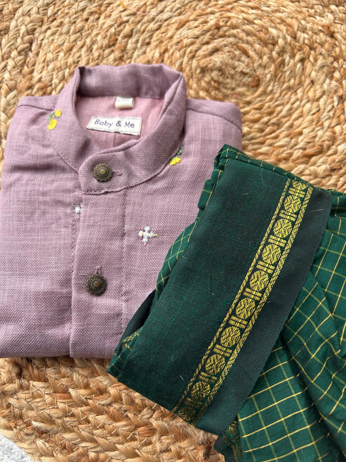 Pure Linen Lavender and Bottle green checks Kurta Dhoti for baby boy