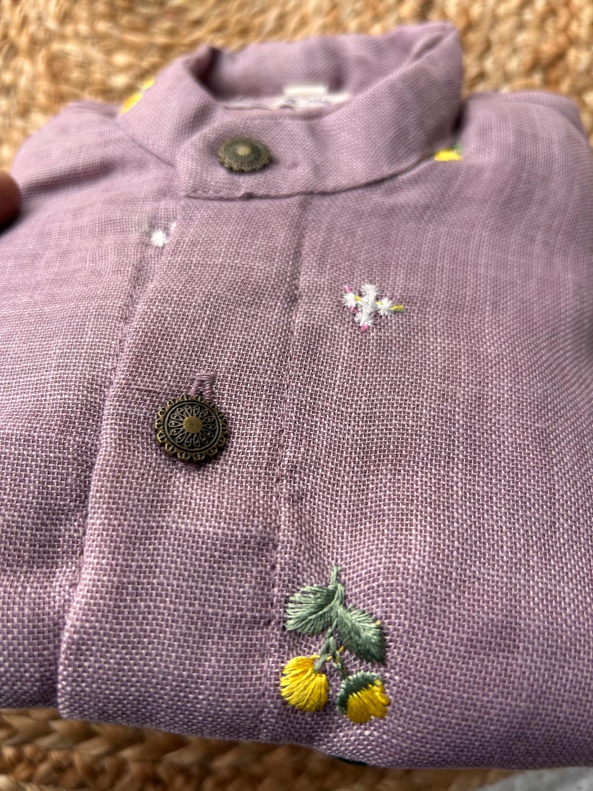 Pure Linen Lavender and Bottle green checks Kurta Dhoti for baby boy