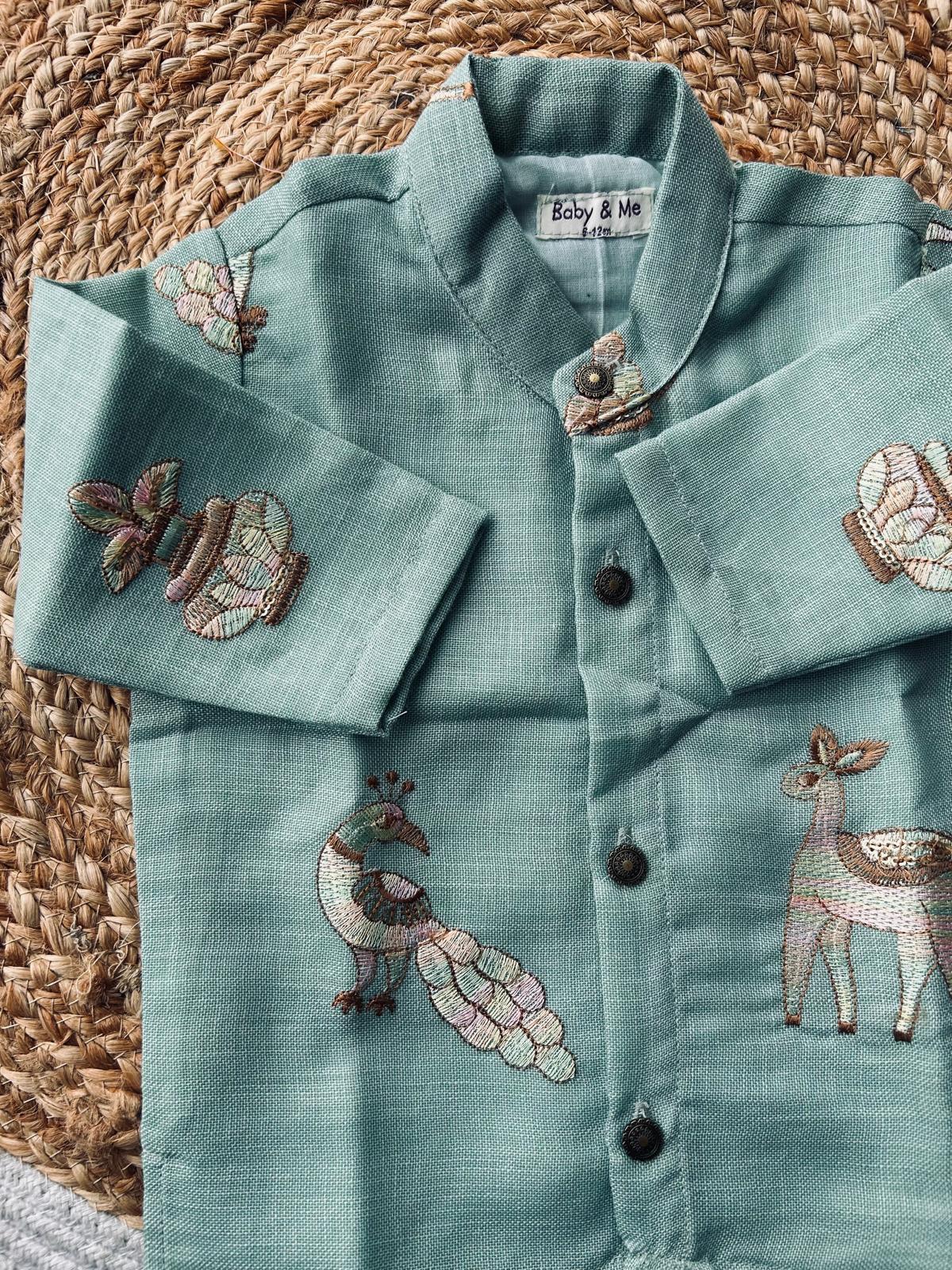 Light blue multi  linen Kurta for baby boy ethnic top wear