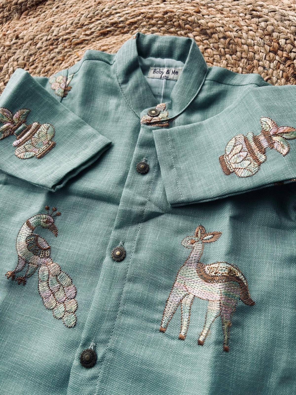 Light blue multi  linen Kurta for baby boy ethnic top wear