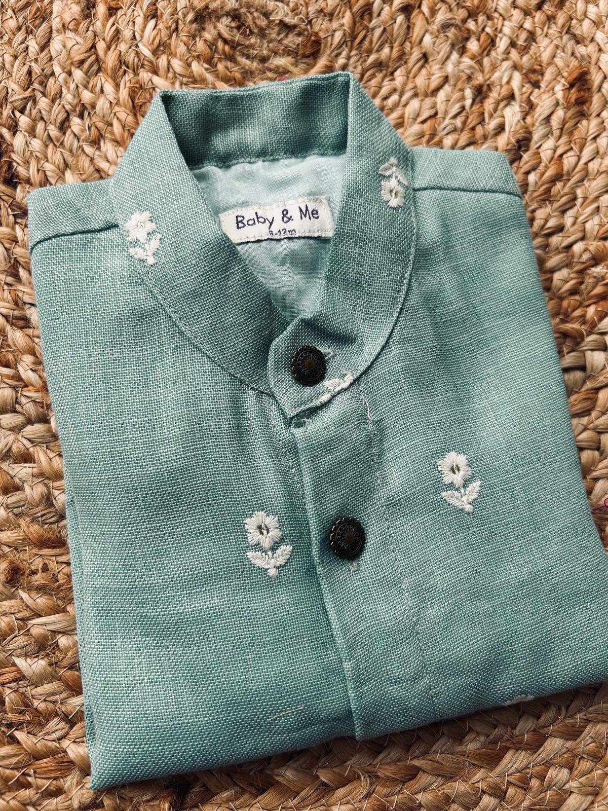 Light blue flower linen Kurta for baby boy ethnic top wear