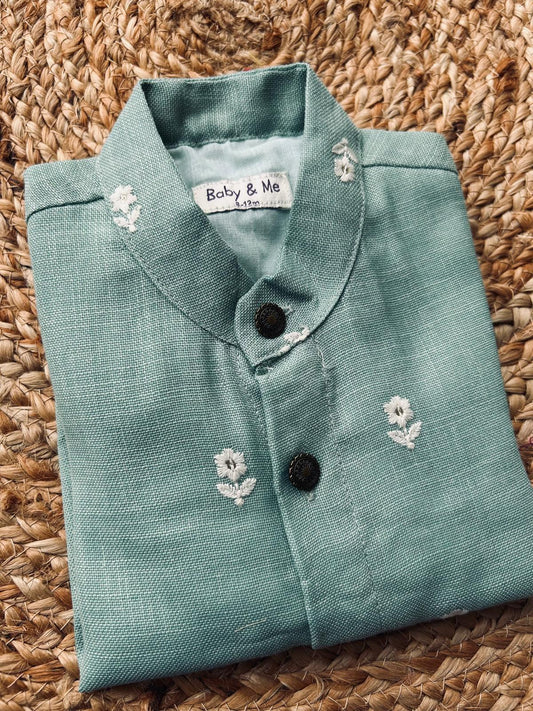 Light blue flower linen Kurta for baby boy ethnic top wear