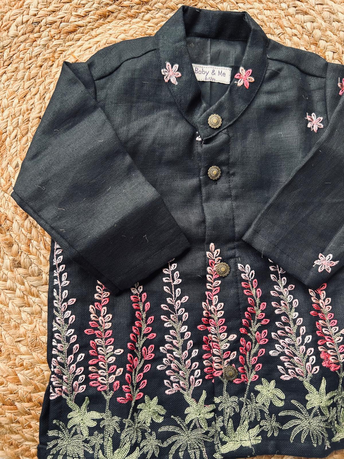 Black and flower design linen Kurta for baby boy ethnic top wear