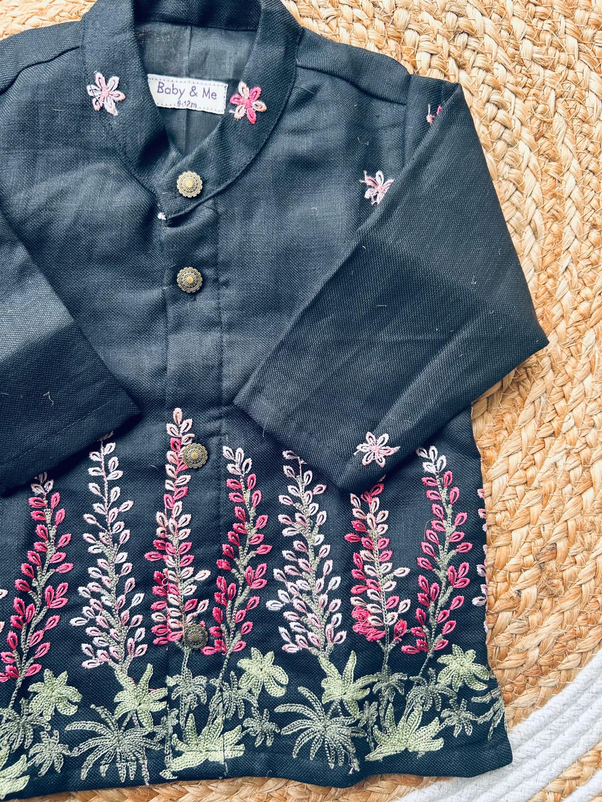 Black and flower design linen Kurta for baby boy ethnic top wear