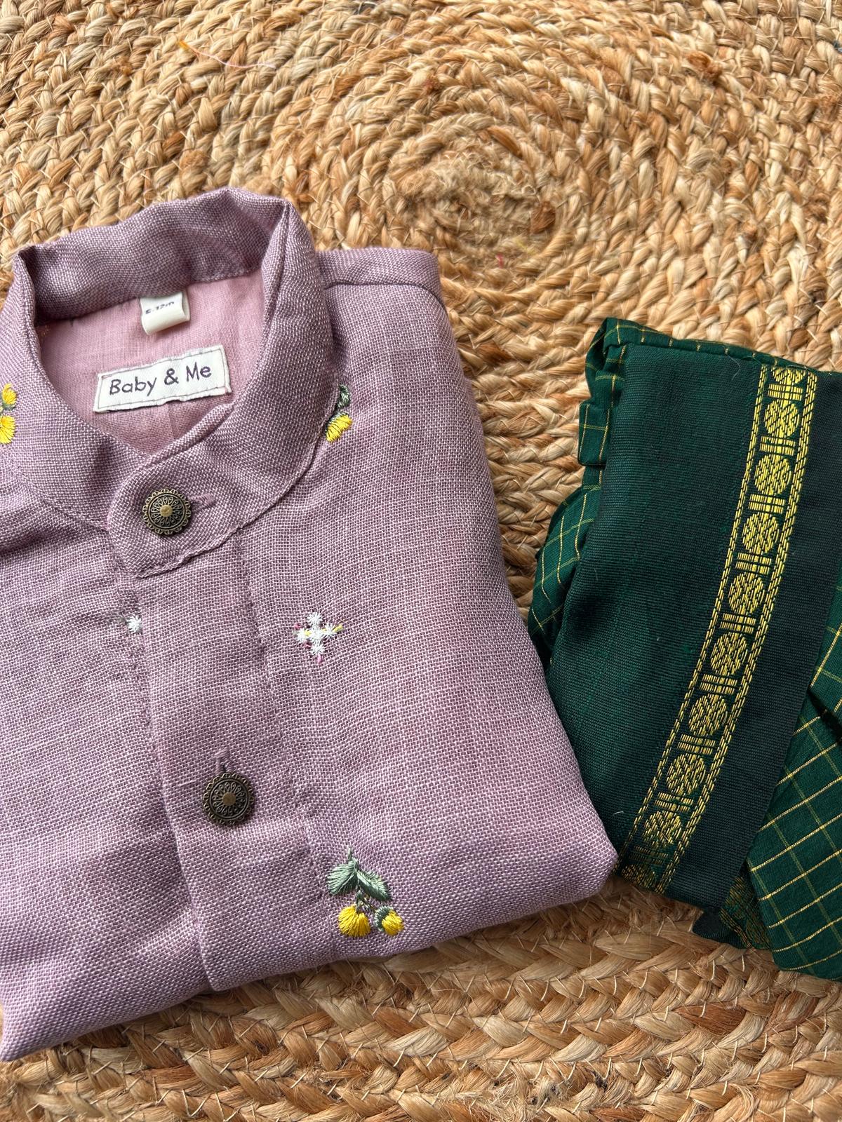 Pure Linen Lavender and Bottle green checks Kurta Dhoti for baby boy