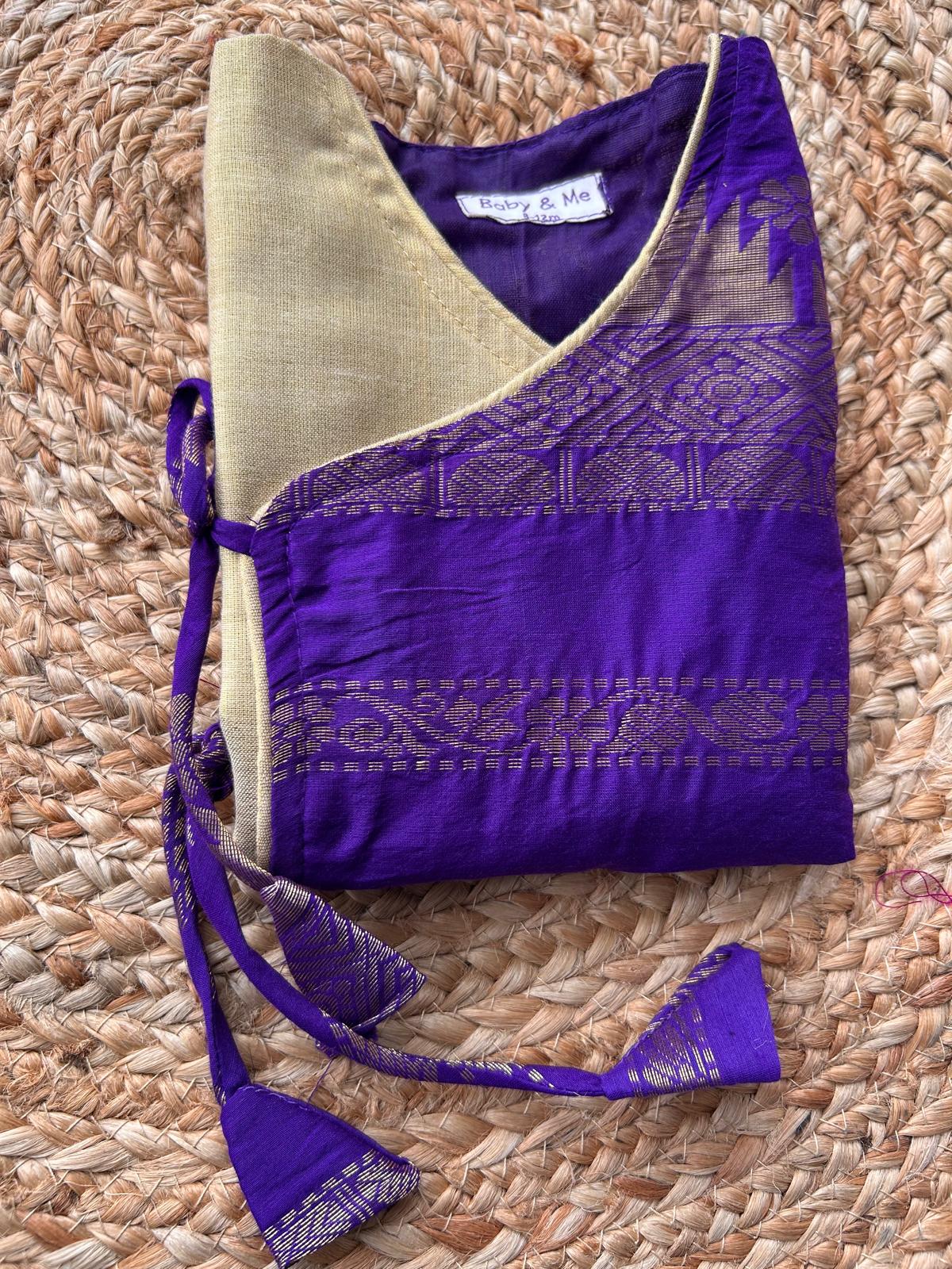 Purple with gold angrakha cotton silk kurta top baby boy ethnic wear