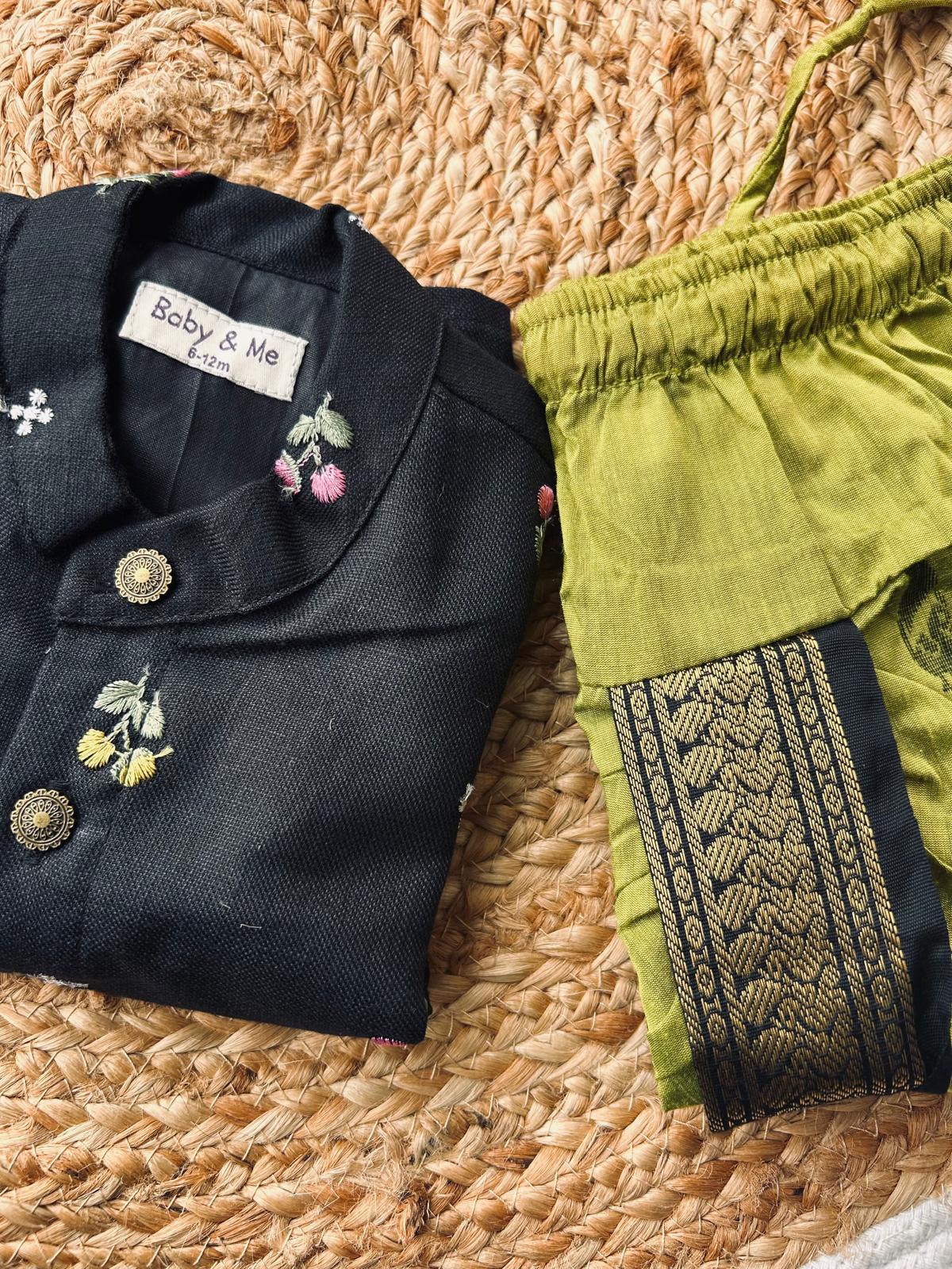 Pure Linen Black with mehendi green Kurta Dhoti ethnic wear for baby boy
