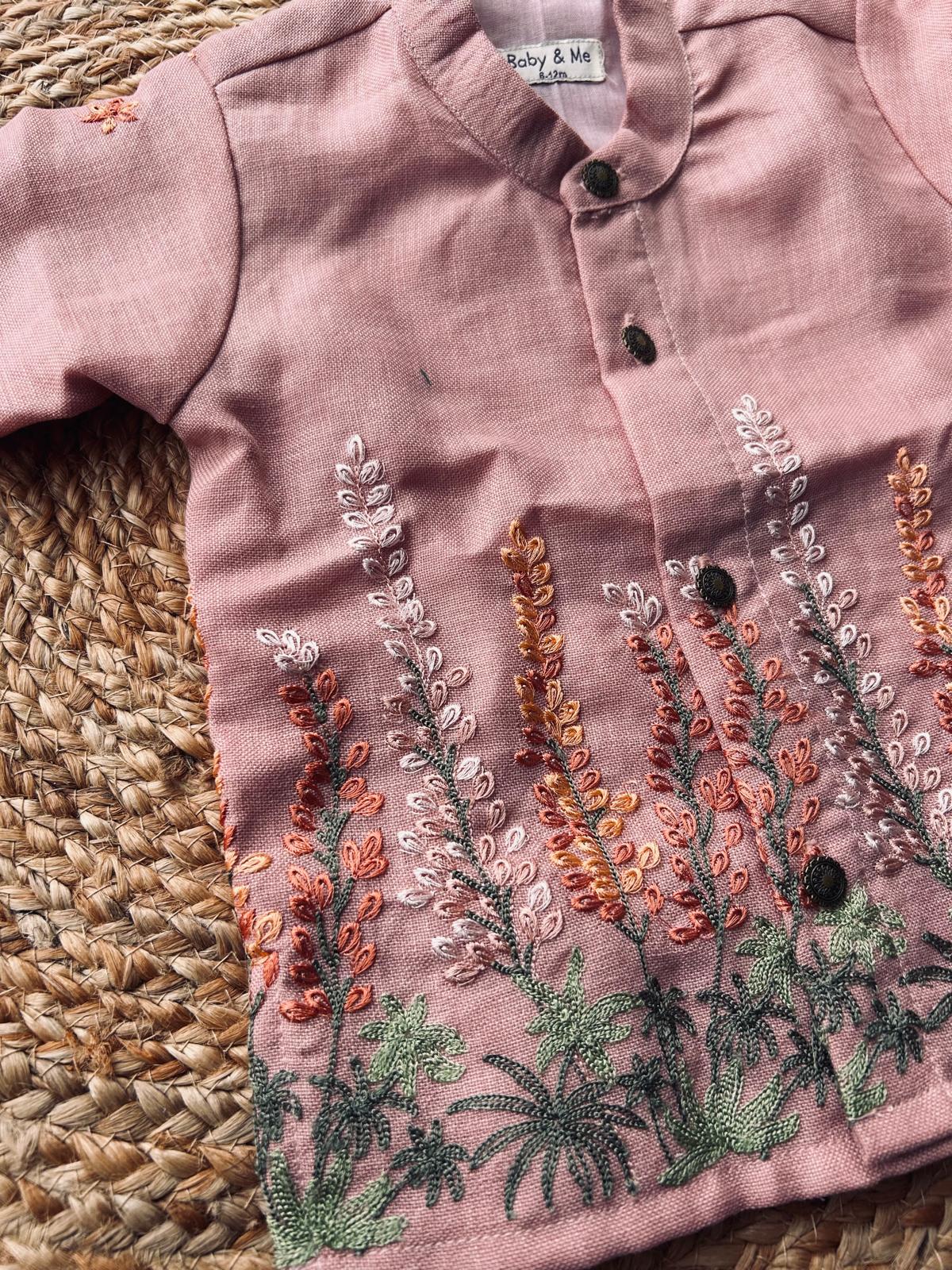 biege flower linen Kurta for baby boy ethnic top wear