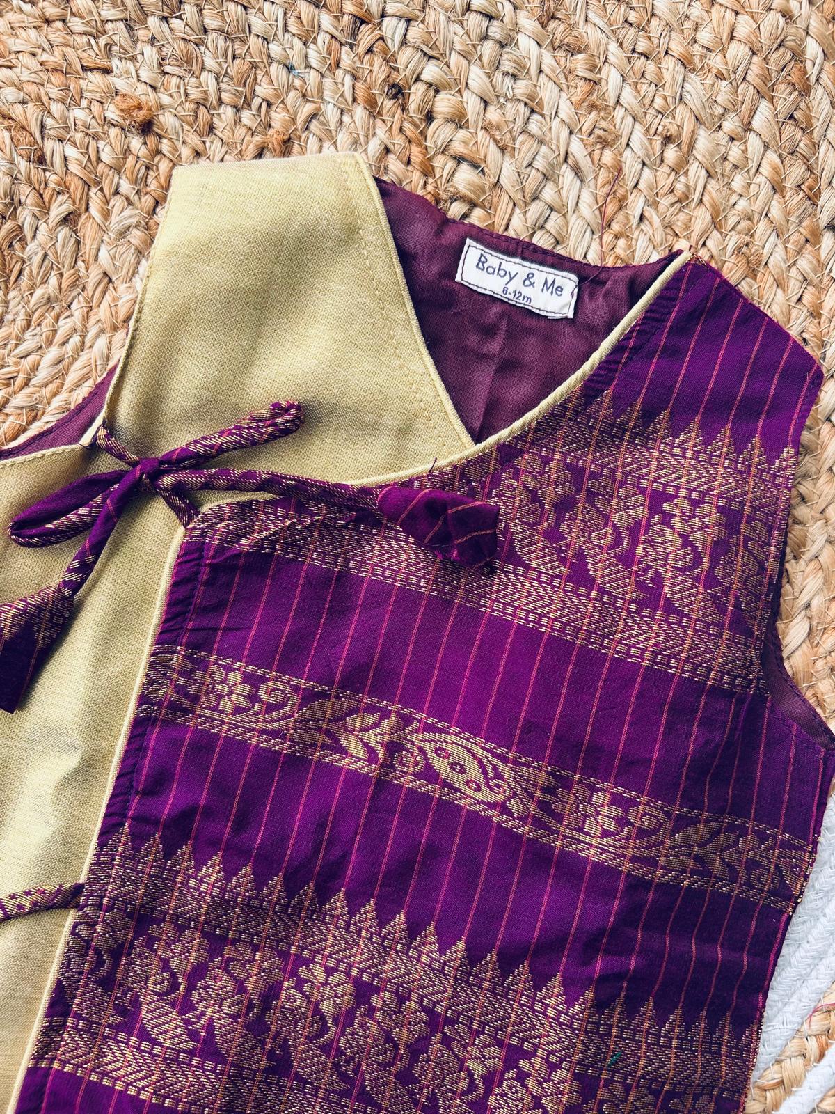 Wine checks with gold angrakha cotton silk kurta top baby boy ethnic wear