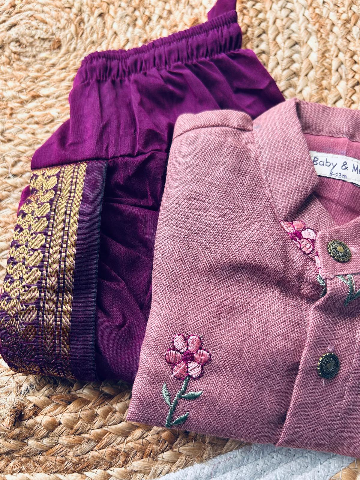 Pastel pink Linen and wine Kurta dhoti for baby boy