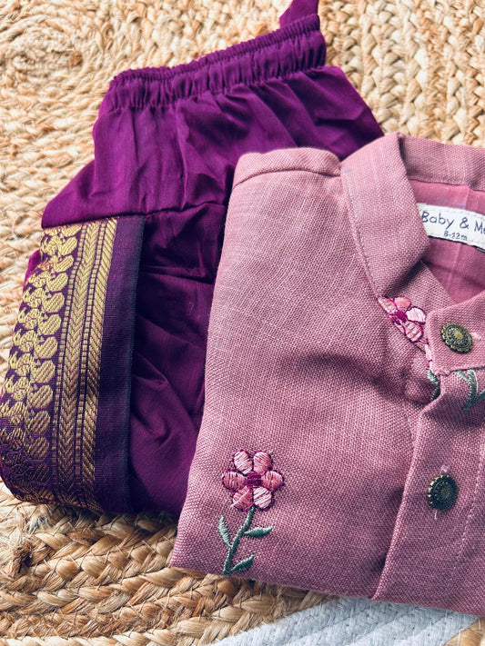 Pastel pink Linen and wine Kurta dhoti for baby boy
