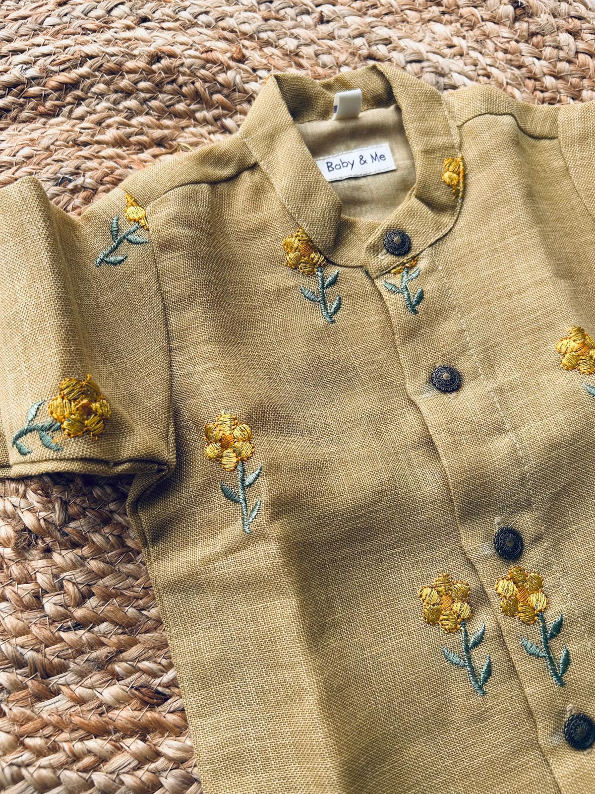 Pastel yellow Linen Kurta for baby boy ethnic top wear