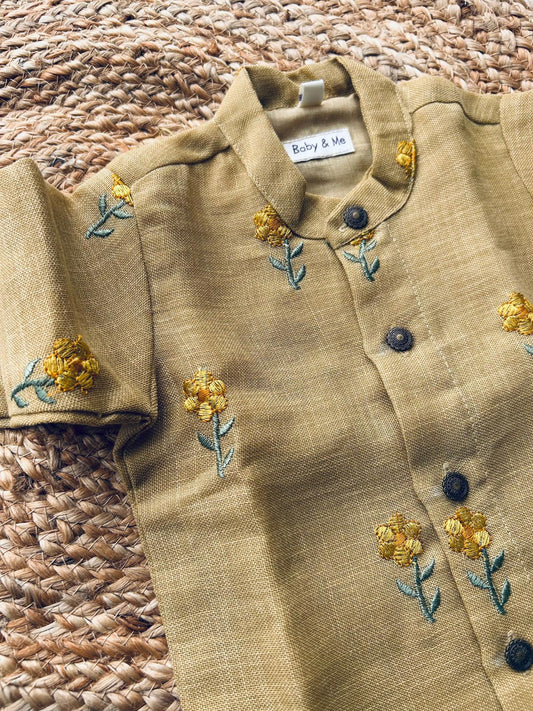 Pastel yellow Linen Kurta for baby boy ethnic top wear