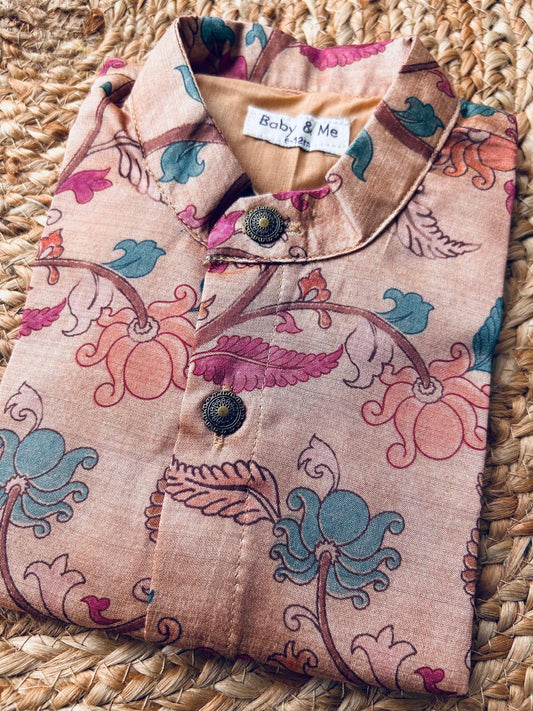Traditional Indian Kalamkari Soft Beige Baby Boy Silk Kurta