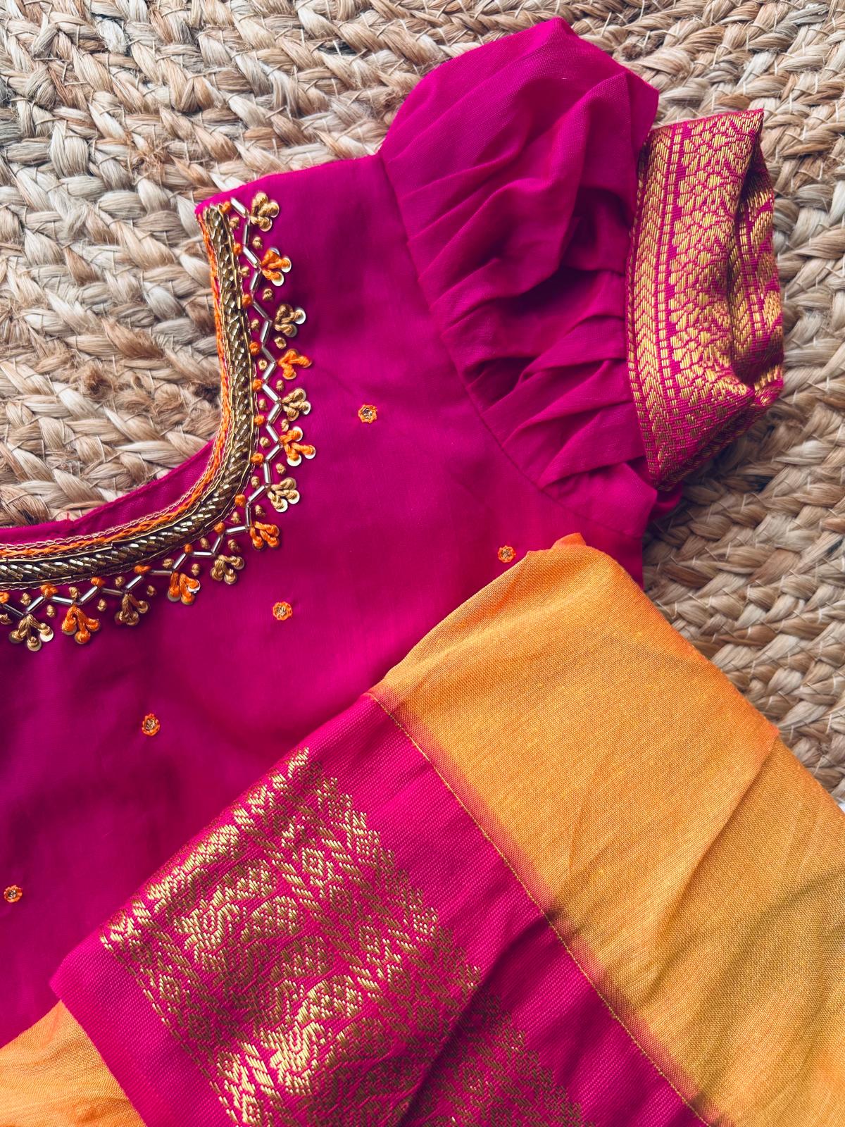Yellow and Pink Embroided Langa Blouse – Traditional Zari Border Cotton Dress for Baby Girl