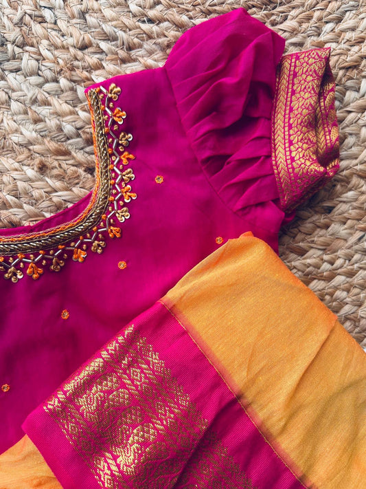 Yellow and Pink Embroided Langa Blouse – Traditional Zari Border Cotton Dress for Baby Girl