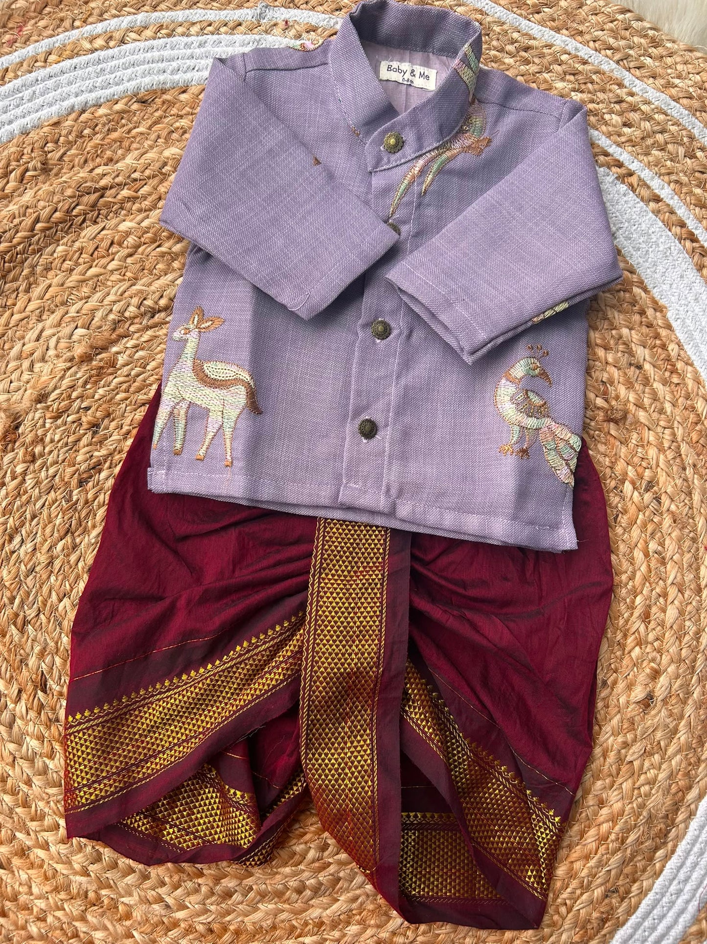 Pure Linen lavendar Kurta with Maroon Dhoti for baby boy