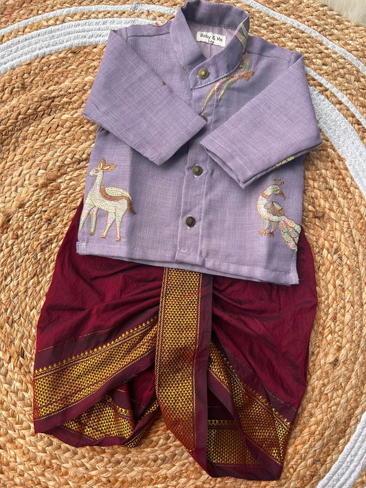 Pure Linen lavendar Kurta with Maroon Dhoti for baby boy