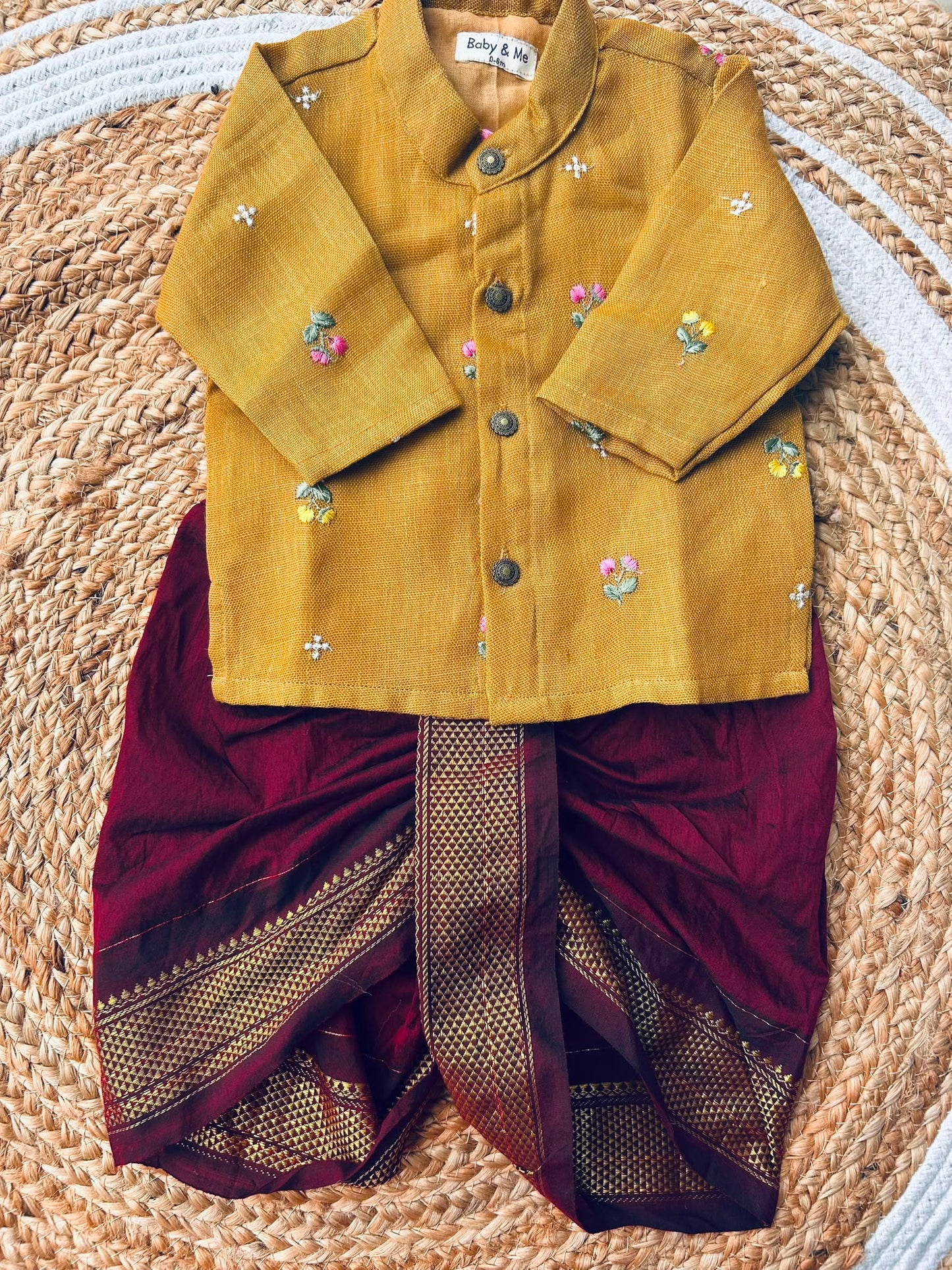Pure Linen mustard yellow Kurta with Maroon Dhoti for baby boy