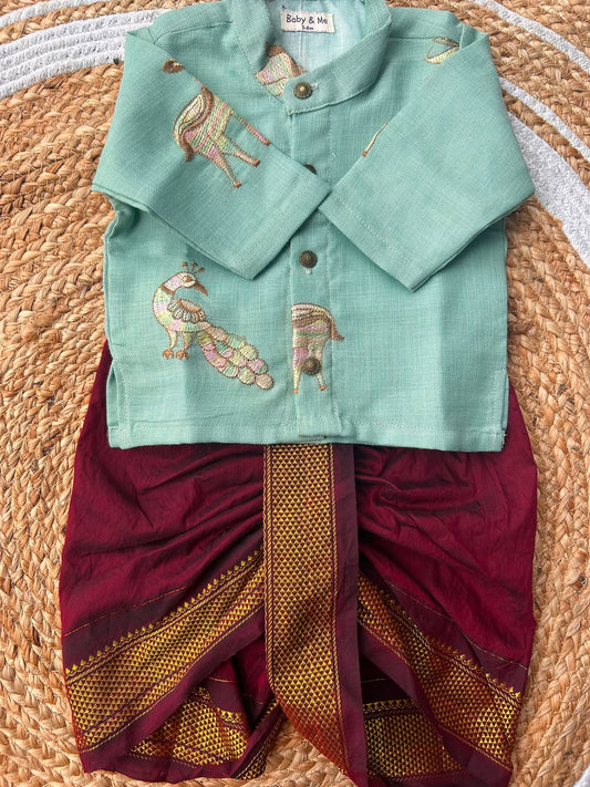 Pure Linen light blue Kurta with Maroon Dhoti for baby boy