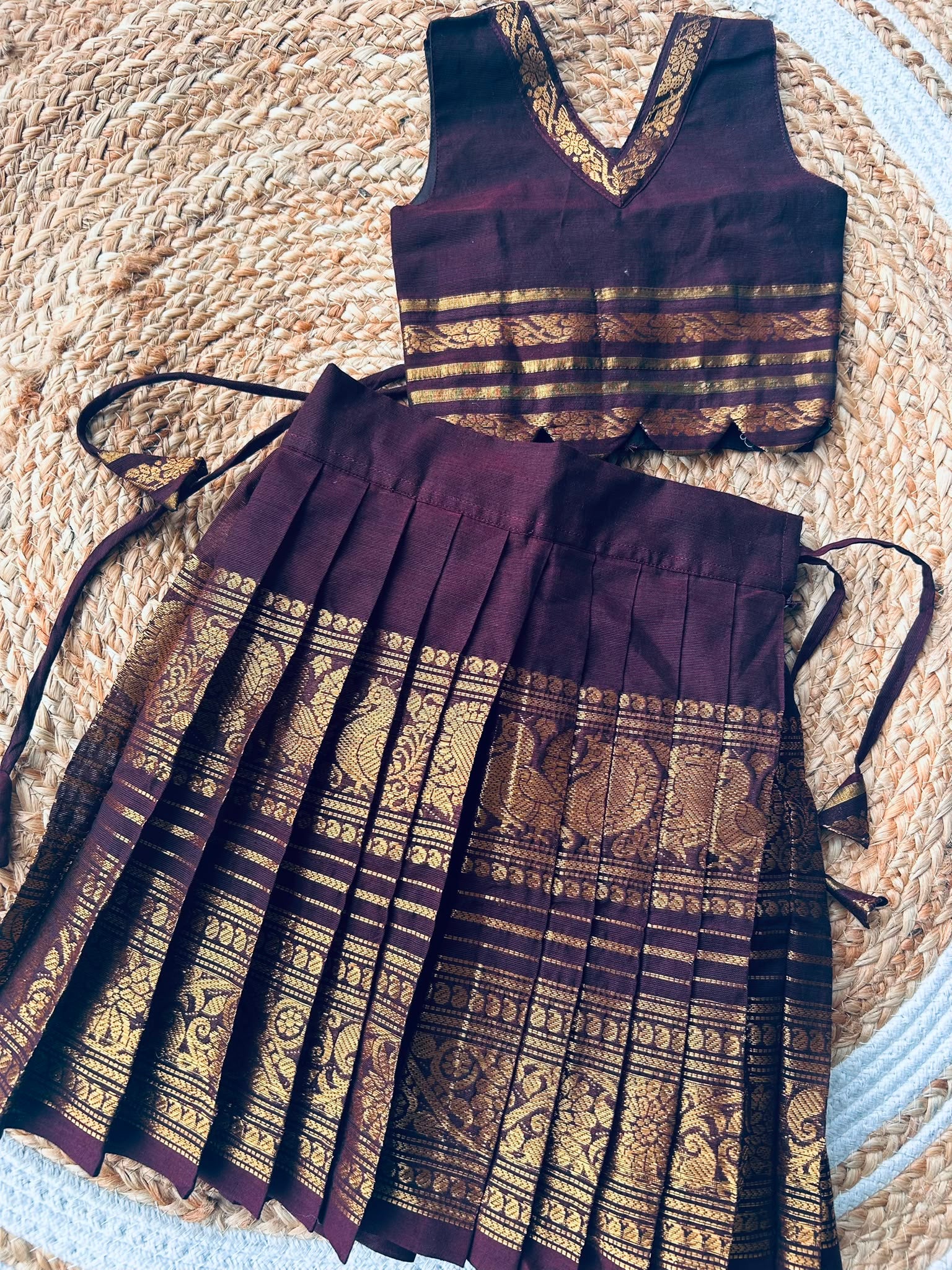 Traditional langa blouse Chocolate brown pure kanchi cotton weave sleeveless for baby girl