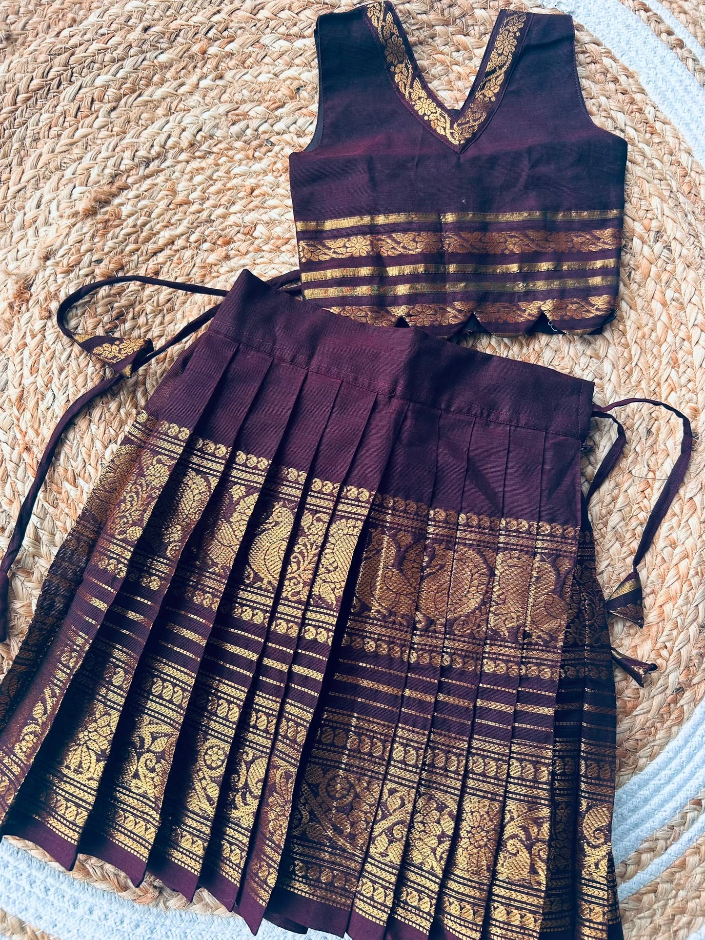 Traditional langa blouse Chocolate brown pure kanchi cotton weave sleeveless for baby girl