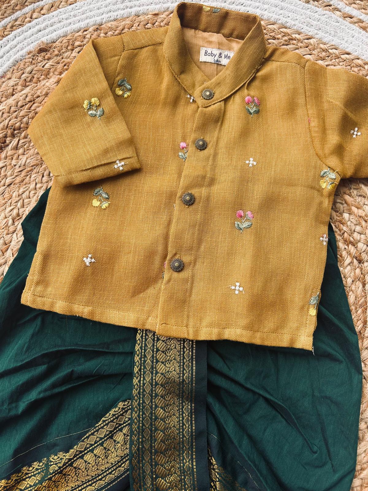 Pure Linen mustard yellow Kurta with green Dhoti for baby boy