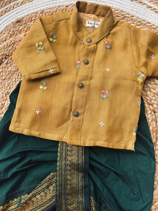 Pure Linen mustard yellow Kurta with green Dhoti for baby boy