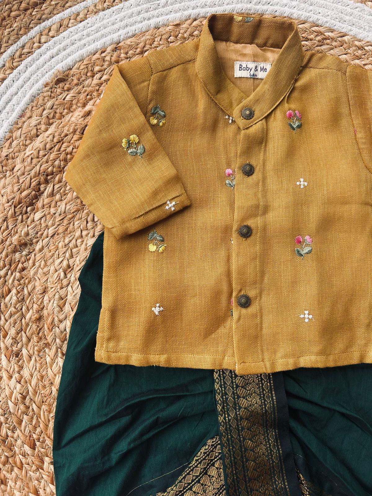 Pure Linen mustard yellow Kurta with green Dhoti for baby boy