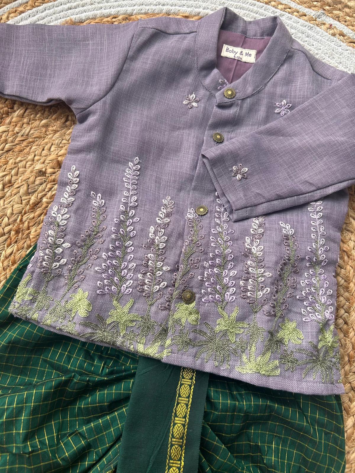 Pure Linen purple Kurta with green Dhoti for baby boy