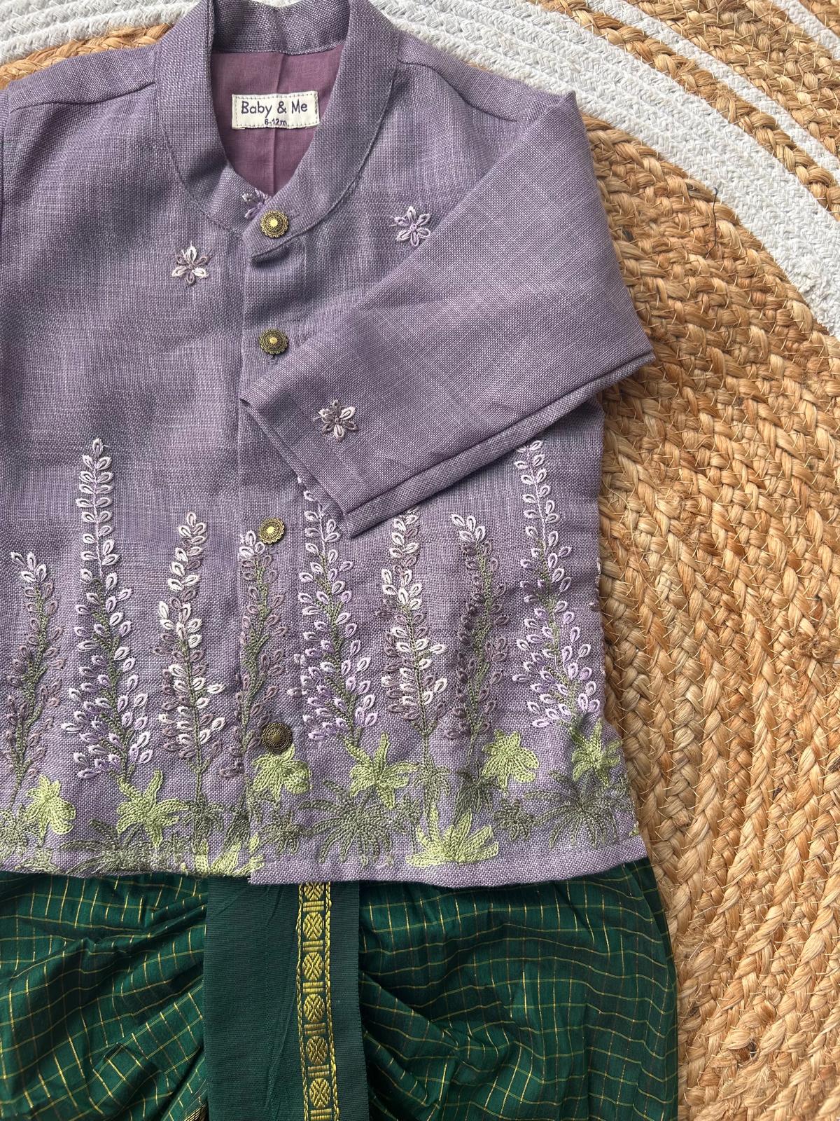 Pure Linen purple Kurta with green Dhoti for baby boy