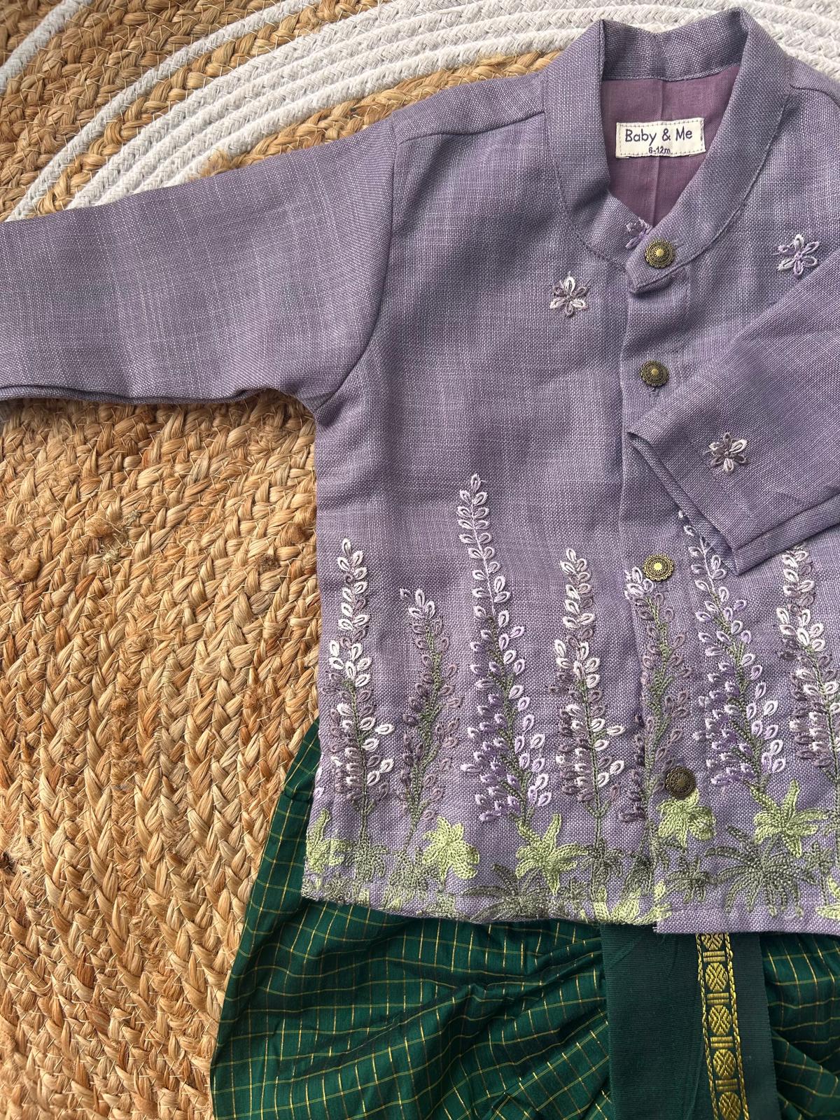 Pure Linen purple Kurta with green Dhoti for baby boy