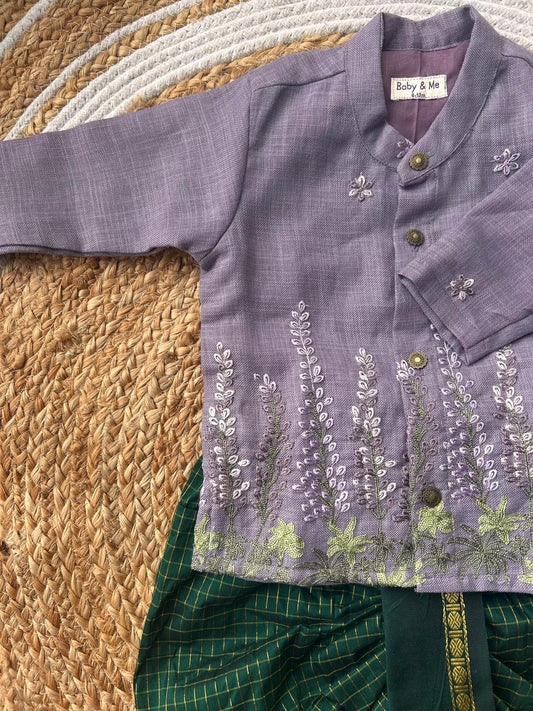 Pure Linen purple Kurta with green Dhoti for baby boy
